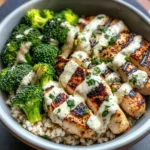 Grilled Chicken & Broccoli Bowls with Creamy Garlic Sauce