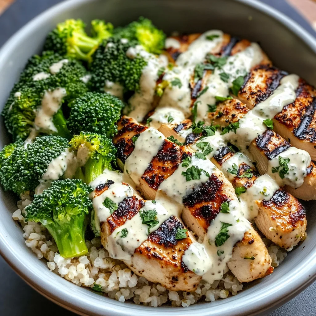 Grilled Chicken & Broccoli Bowls with Creamy Garlic Sauce