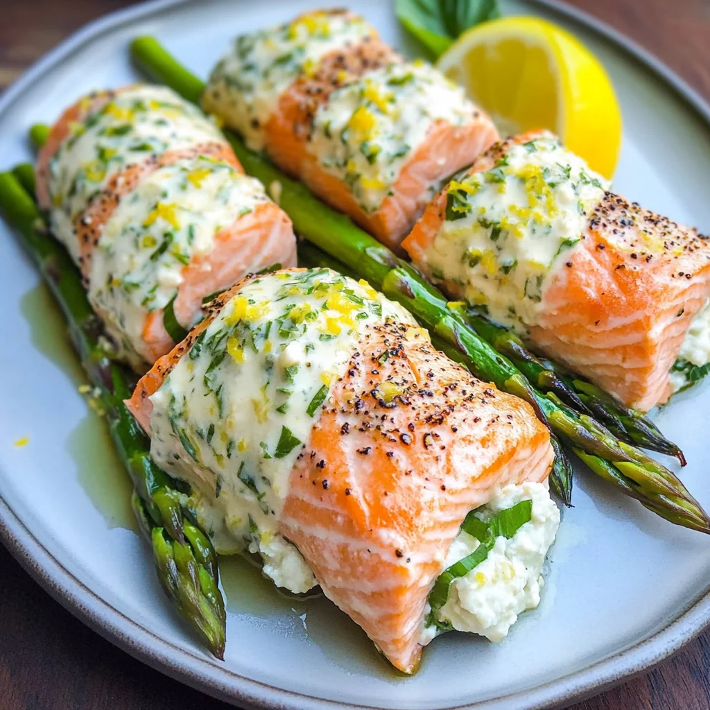 Asparagus and Lemon Basil Ricotta Stuffed Salmon Rolls with Lemon Sauce