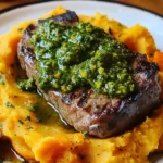 Steak with Green Sauce and Mashed Sweet Potatoes