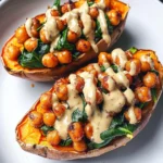 Stuffed Sweet Potato with Crispy Chickpeas, Spinach and Tahini