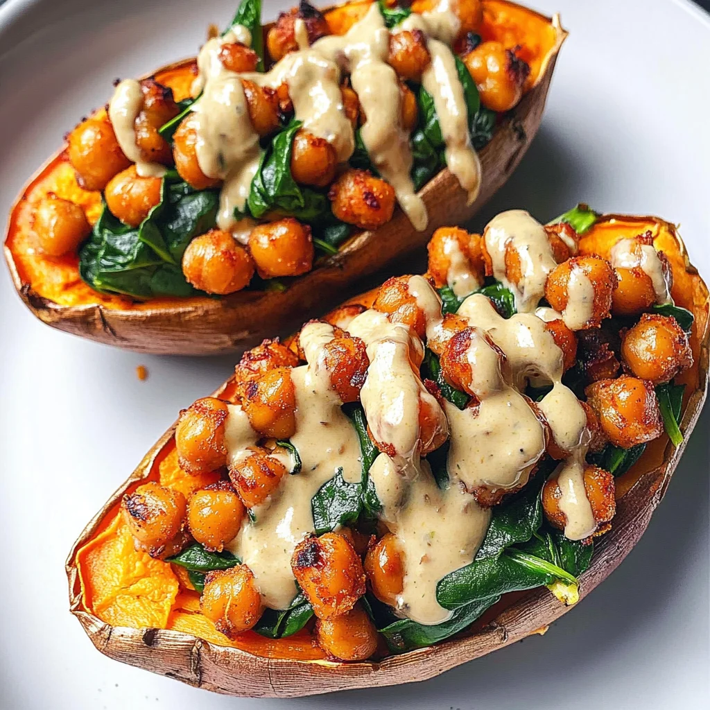 Stuffed Sweet Potato with Crispy Chickpeas, Spinach and Tahini
