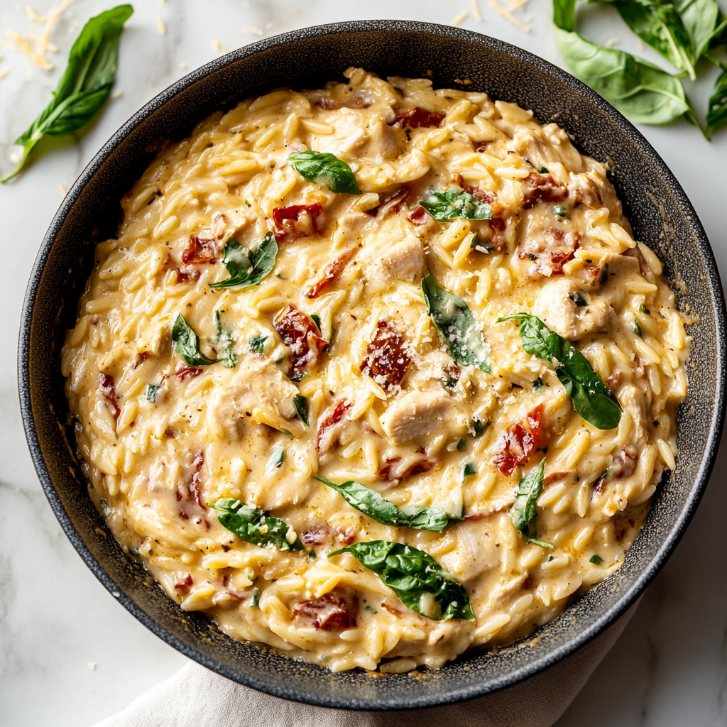 Creamy Chicken Orzo Bake, Tuscan Style (One-Pan)