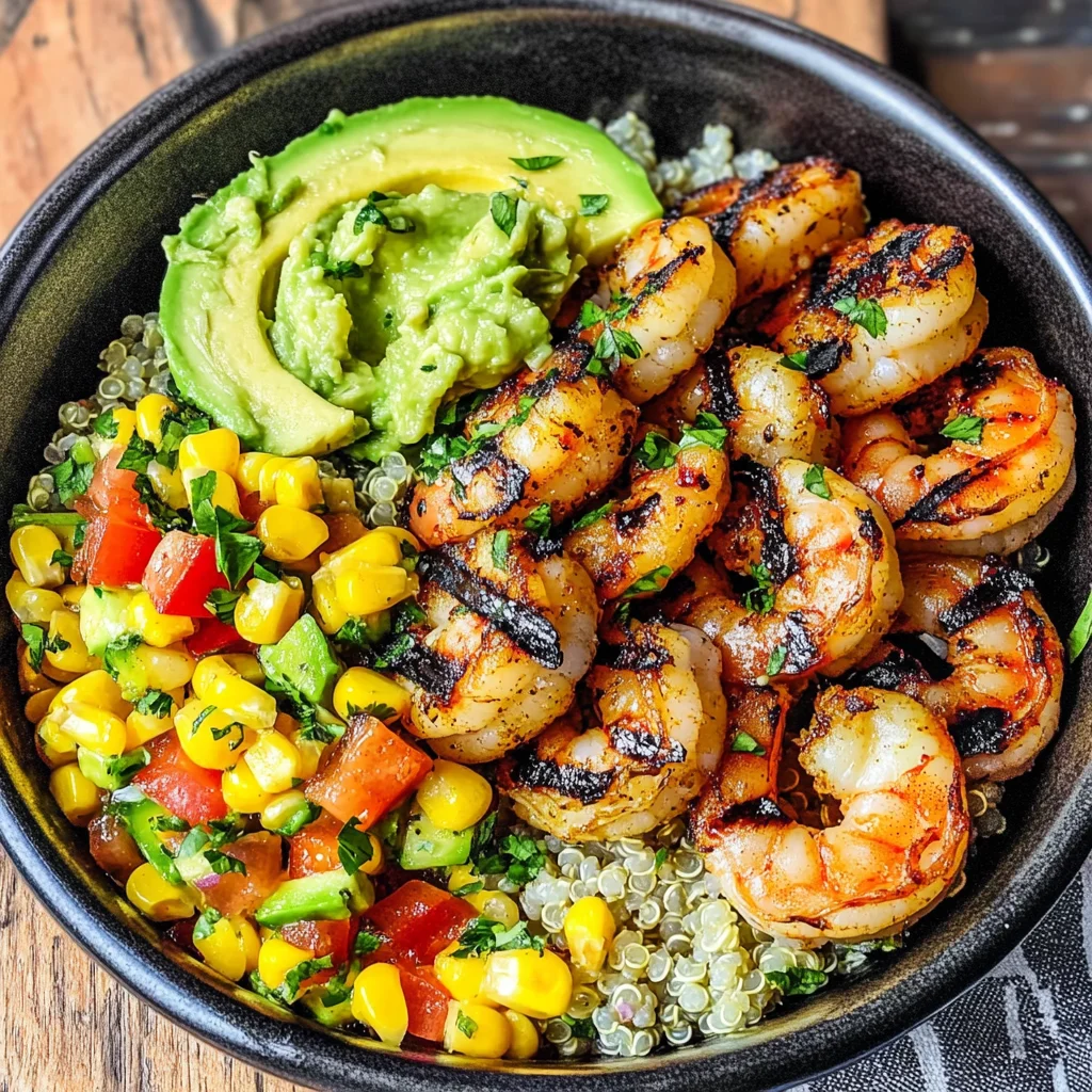 Grilled Shrimp Bowl with Avocado, Corn Salsa & Creamy Sauce