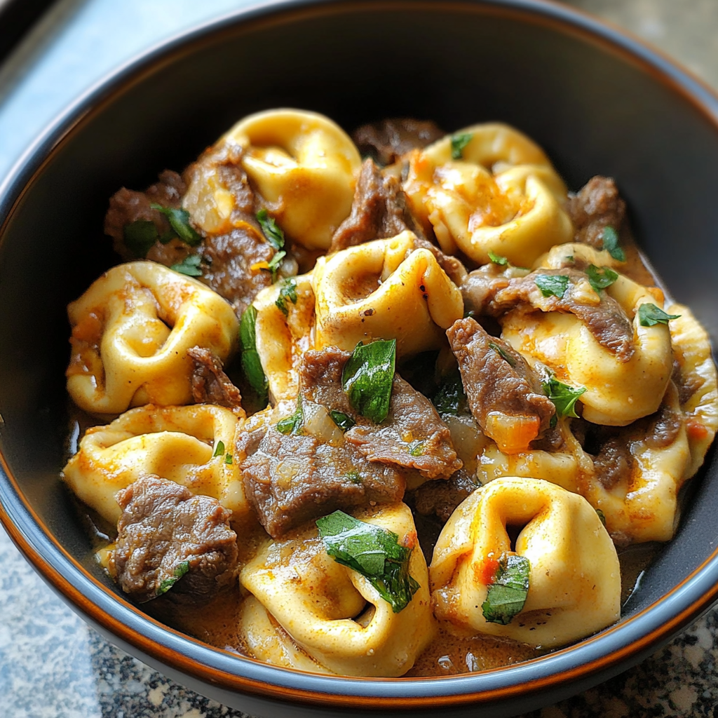 Cheesesteak Tortellini in Rich Provolone Sauce