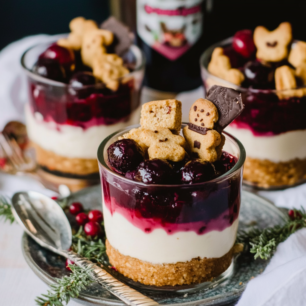 No-Bake White Chocolate Cheesecakes with Mulled apple vinegar Fruit