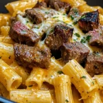 Cajun Steak Tips in Cheesy Rigatoni Parmesan Sauce
