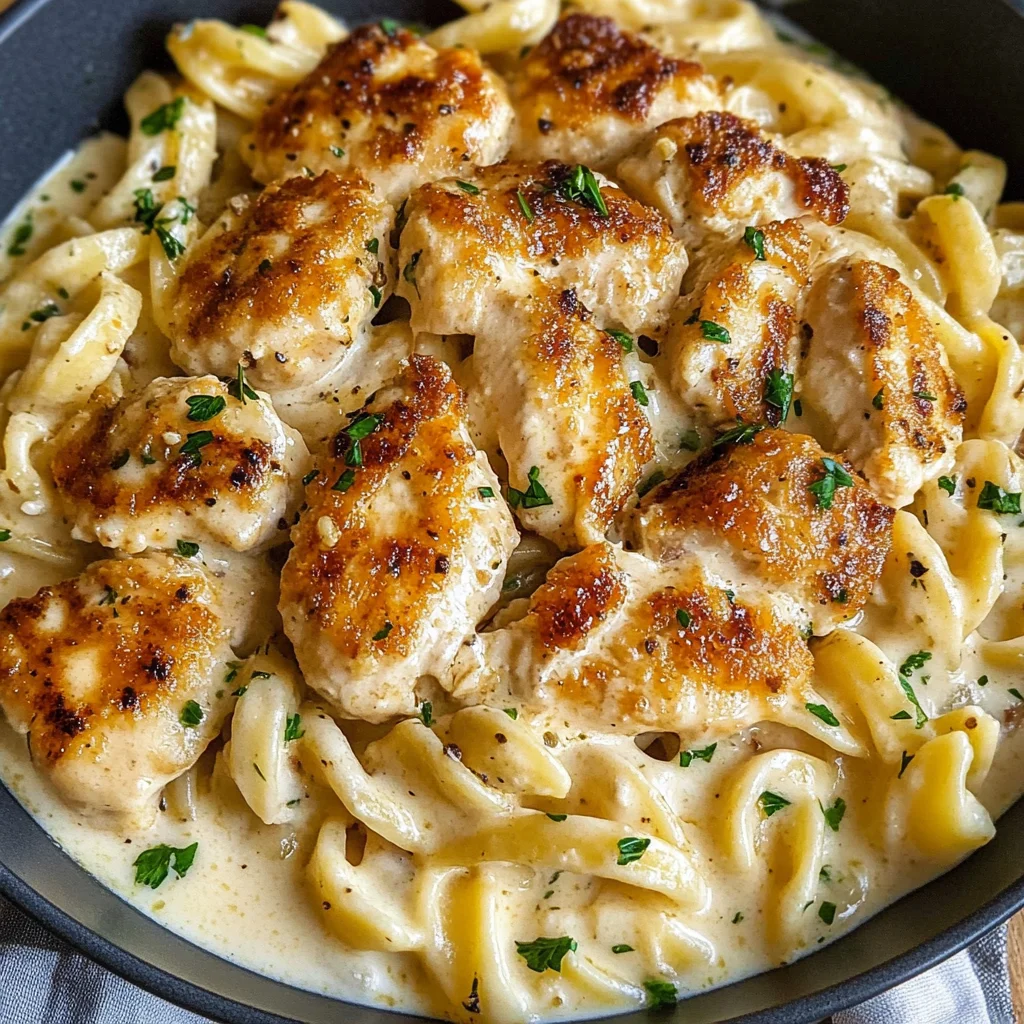 Cheesy Alfredo Twisted Pasta with Golden Garlic Butter Chicken in Creamy Sauce