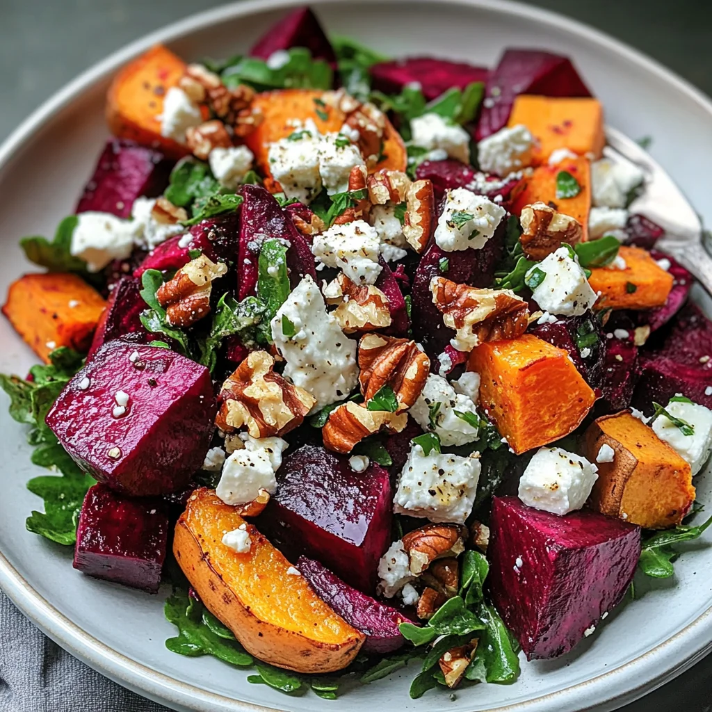 Creamy Roasted Beet Salad with Sweet Potato & Feta