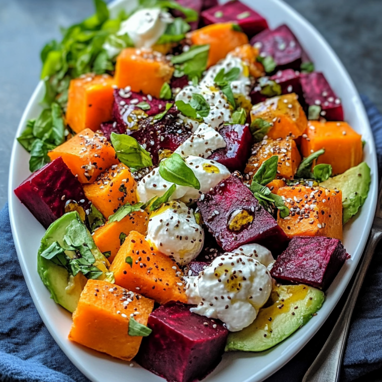 Roasted Beet, Sweet Potato & Avocado Salad with Whipped Ricotta & Lemon-Tahini Drizzle
