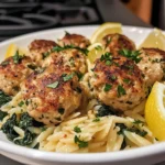 Lemony Chicken Ricotta Meatballs Over Garlic Spinach Orzo