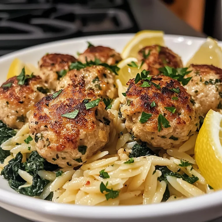 Lemony Chicken Ricotta Meatballs Over Garlic Spinach Orzo