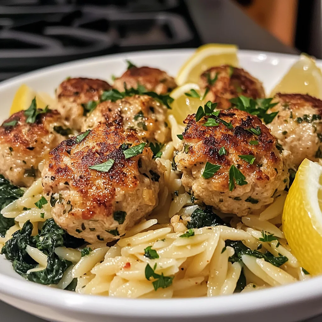 Lemony Chicken Ricotta Meatballs Over Garlic Spinach Orzo